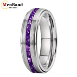 Purple Crystal Stone Inlay Brushed Finish Silver Finish 6/8MM Tungsten Rings