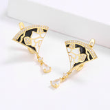 Exquisite Scalloped Flower Handmade White Black Enamel Zircon Diamonds Tassel Earrings