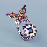 Butterfly Flower Red Green AAA Zircon Crystals Handmade Enamel Open Ring