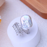 Big Baroque Real Pearl 18K Gold Plated AAA Zircon Diamonds Leaf Cluster Ring