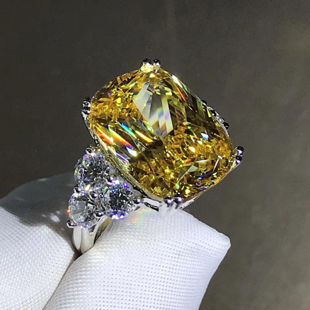Stunning Silver Cushion Cut AAAAA VVS Lab Grown Fancy Yellow Sapphire Faceted Gemstone Big Ring - Luxury Jewellery - The Jewellery Supermarket
