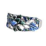 925 Silver Hadmade Cloisonne Blue Green Enamel Peony Flower Vintage Rings