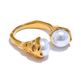 18K Gold Plated Imitation Pearls Stainless Steel Geometric Cast Charm Trendy Ring
