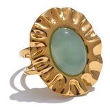 18K Gold Plated Green Natural Stone Fashion Adjustable Stainless Steel Geometric Open Ring