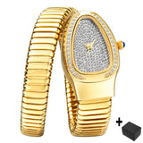 Popular Luxury Ice Diamond Quartz Gold Colour Watches For Women - Ladies Fashion Elegant Serpentine Watches