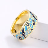 Classic Wide Gold Ring Blue Epoxy Handmade Enamel Small Fish Shape Ring