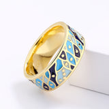 Classic Wide Gold Ring Blue Epoxy Handmade Enamel Small Fish Shape Ring