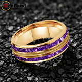 Purple Crystal Stone and Guitar String Inlay 8mm Tungsten Carbide Rings Men Women