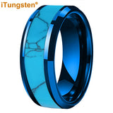 Blocky Turquoise Inlay Polished Bevel Edges Tungsten Carbide Rings for Men Women