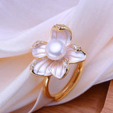 Pearl Flower 18KGP Five Pinkish-White Enamel Floral Petals AAA Zircon Diamonds Rings