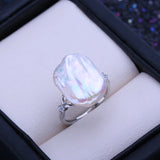 Flat-Sided Irregular Big Button Baroque Pearl Silver Colour Adjustable Rings
