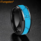 Blocky Turquoise Inlay Polished Bevel Edges Tungsten Carbide Rings for Men Women