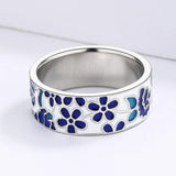 Charming Handmade Blue Enamel Flower Fashion Silver Ring