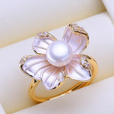 Pearl Flower 18KGP Five Pinkish-White Enamel Floral Petals AAA Zircon Diamonds Rings