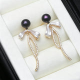 Delicate Ribbon Bow Silver Real Multicolour Pearl AAA Zircon Diamonds Stud Earrings