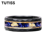 New 8mm Black Hammered Inlay Blue Glass Stone Gold Foil Tungsten Carbide Rings