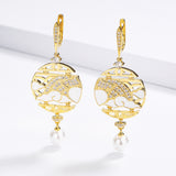 Fashion Handmade Enamel Round White Pendant Inlaid Pearl Gold Colour Earrings