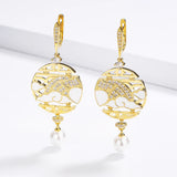 Fashion Handmade Enamel Round White Pendant Inlaid Pearl Gold Colour Earrings