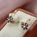 Quality 14K Rolled Rose Gold Black White AAA Zircon Crystals Flower Dangle Earrings - Unique Geometric Jewellery