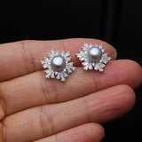 Geometric Snowflake Real Multicolour Pearls AAA Zircon Diamonds Silver Earrings