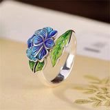 Lucky Lotus Flower Handmade Ethnic Style Coloured Enamel Leaf Ring