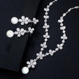 New Sparkling AAA+Cubic Zirconia Diamonds Silver Colour Long Pearl Drop Earrings Necklace Wedding Jewellery Set - The Jewellery Supermarket