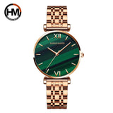 New Elegant Ladies Watch with Quartz Movement Green Peacock Stone Dial  Casual Leather Rose Plated Gold Watches