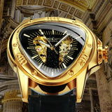 Sports Military Skeleton Automatic Mechanical Watches - Black Gold Triangle Dial Steel Leather Strap Luxury Watches