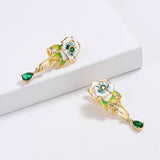 Fashion Handmade Enamel Green Pendant Flower Shape AAA Zircon Crystal Earrings