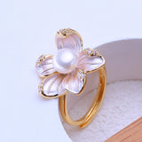 Pearl Flower 18KGP Five Pinkish-White Enamel Floral Petals AAA Zircon Diamonds Rings