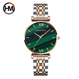 New Elegant Ladies Watch with Quartz Movement Green Peacock Stone Dial  Casual Leather Rose Plated Gold Watches