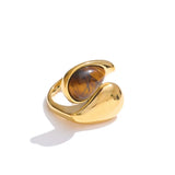 18K Gold Plated Stainless Steel Fashion Imitation Pearl or Tiger Eye Water Drop Elegant Ring