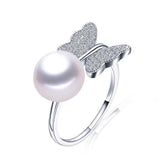 Butterfly Shape Natural Freshwater Pearl Shiny AAA Zircon Diamonds Silver Ring