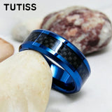 Black Carbon Fiber Inlay Beveled Edge Polished Multicolor Tungsten Carbide Rings