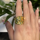 18K Gold Plated Irregular Hammered Texture Wide Opening Stainless Steel Ring Charm Jewellery