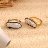 18K Gold Plated Stainless Steel Baroque Long Strip Faux Pearl Ring
