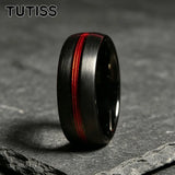 Black Dome Brushed Middle Groove Embedded With Red Fishing Line 6mm 8mm Tungsten Ring