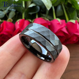 Multi-Faceted Brushed Offset Grooved  Hammer Finish 8MM Tungsten Wedding Rings
