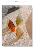 18K Gold Plated New Design Brown Green Beige Resin Geometric Stainless Steel Ring