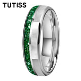 Dome Double Groove Inlaid With Green Crystal Stone Mother Of Pearl Shell Tungsten Rings