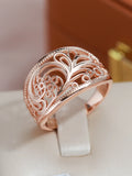 Elegant Fashion Hollow Texture Gloss Rolled 14K Rose Gold Wide Rings For Women - Vintage Ethnic Jewellery