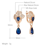 14 Karat Gold Filled Luxury Blue AAA Zircon Diamonds Vintage Flower Long Dangle Earrings