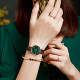 New Elegant Ladies Watch with Quartz Movement Green Peacock Stone Dial  Casual Leather Rose Plated Gold Watches