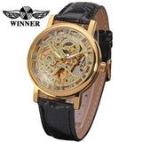 Famous Brand Transparent Luxury Gold Case Casual Design Brown Leather Strap Mechanical Skeleton Watches