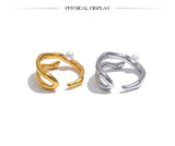 18k Gold Plated Stylish Unique Stainless Steel Pearls Geometric Open Chic Ring