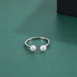 S925 Sterling Silver Minimalist  Open Ring Two Round White Freshwater Pearls