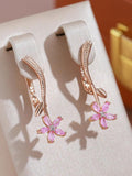 Superb Frosted Texture Pink 14K Rolled Rose Gold AAA Zircon Flower Dangle Earrings for Women - Fashion Jewellery