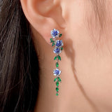 Vintage Hadmade Enamel Blue Trumpet Flower Dangle Earrings
