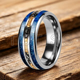 Polishing Dome Blue Glass Stone Meteorite Gold Foil Inlay 6mm 8mm Tungsten Rings