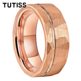 Hammered Offset Line 8mm Tungsten Carbide Rings for Men Women Comfort Fit